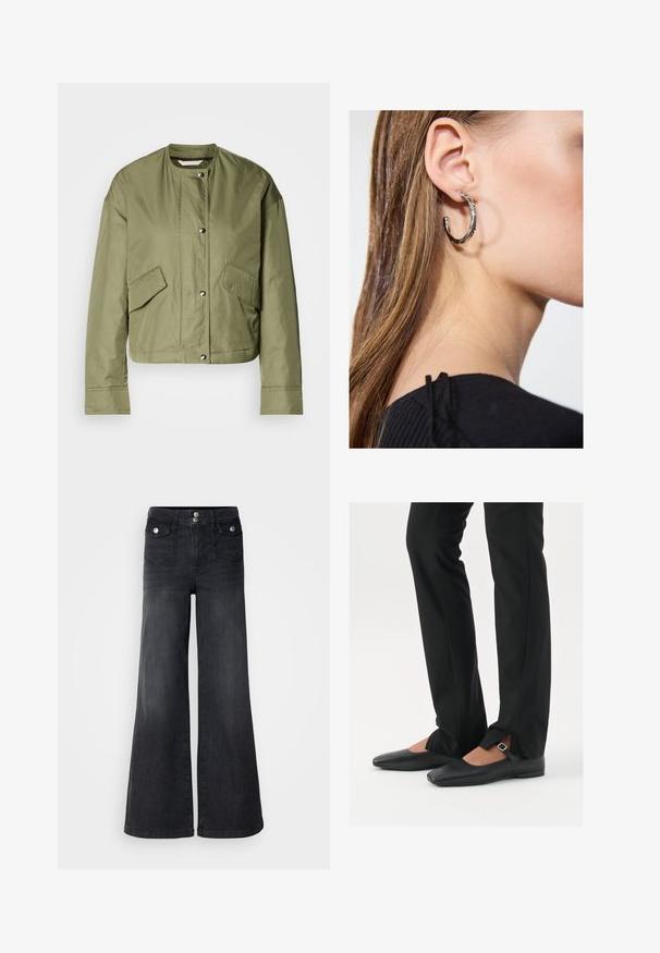 Oliven grønn cropped jakke i lett materiale med rund hals, trykknapper og to sidelommer med diagonale åpninger.; Svart tanktopp laget av myk, elastisk stoff. Har rund halsutskjæring og brede skulderstropper, med en tettsittende silhuett og jevn tekstur.; Sorte denim vidde bukser med høy midje, frontknapper og to frontlommer; glatt tekstur med en lett falmet finish.; Svart skinnballett-sko med spiss tå, stropp med sølvspenne, kombinert med svarte skreddersydde bukser med splitt i kanten.; Sølv ringøredob med en polert finish, med små gull detaljer og en rund form, båret på øreflippen.
