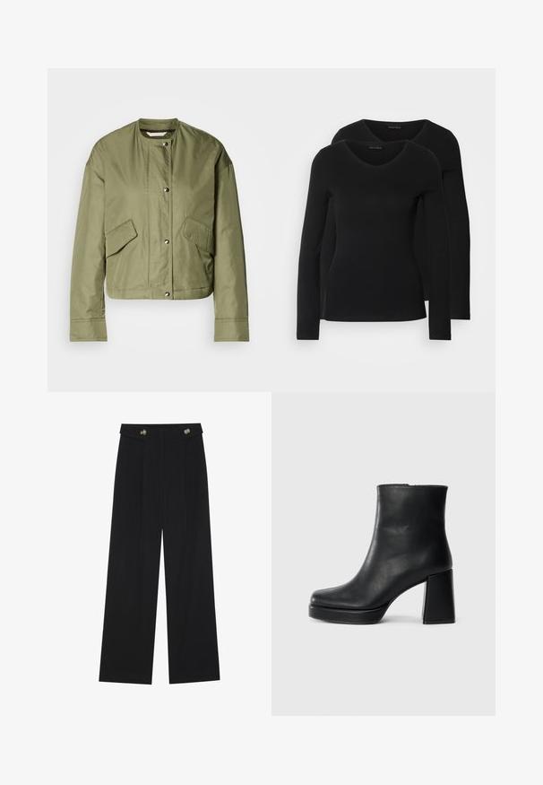 Oliven grønn cropped jakke i letvægtigt stof med rund hals, trykknapper og to sidelommer med diagonale åbninger.; To sorte langærmede t-shirts med V-hals-design, lavet af blødt, strækbart stof, som viser en glat tekstur og en tætsiddende pasform.; Sorte vide bukser med høj talje, knapdetaljer på taljebåndet og frontfald.; Sort læder ankelstøvle med blokhæl og platformssål, set fra siden på en ensfarvet hvid baggrund.