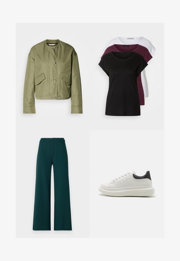 Oliven grønn cropped jakke i letvægtigt stof med rund hals, trykknapper og to sidelommer med diagonale åbninger.; Tre t-shirts: en sort, en maroon, en hvid. Hver har en rund halsudskæring, korte ærmer og en blød bomuldsstruktur. Etiketter synlige.; Bredde ben bukser i mørkegrønt stof. Har høj talje, frontfolder og bæltesløjfer. Glat tekstur og skræddersyet design.; Hvid sneaker med en tekstureret læderoverdel, rund tå, kontrasterende sort hælflap og en tyk, polstret sål. Har fem snørehuller.