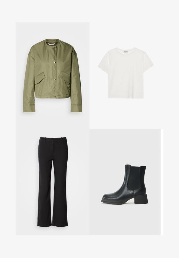 Olīvu zaļš īss jaka no viegla auduma ar apaļu kaklu, spiedpogas un divām sānu kabatām ar diagonālām atverēm.; Balts īsām piedurknēm T-krekls, kas izgatavots no mīksta kokvilnas. Tam ir apaļš izgriezums un brīvs piegriezums. Tīrs dizains bez redzamām rakstiem vai akcentiem.; Melni kokvilnas auduma bikses ar taisnu kāju dizainu, priekšējo pogu aizdari un divām sānu kabatām. Gluda tekstūra, bez redzamām rakstu zīmēm.; Melnas ādas potīšu zābaki ar elastīgām sānu daļām, noapaļota purngala forma un zems blokveida papēdis. Virsma ir gluda un ar minimālu detalizāciju.