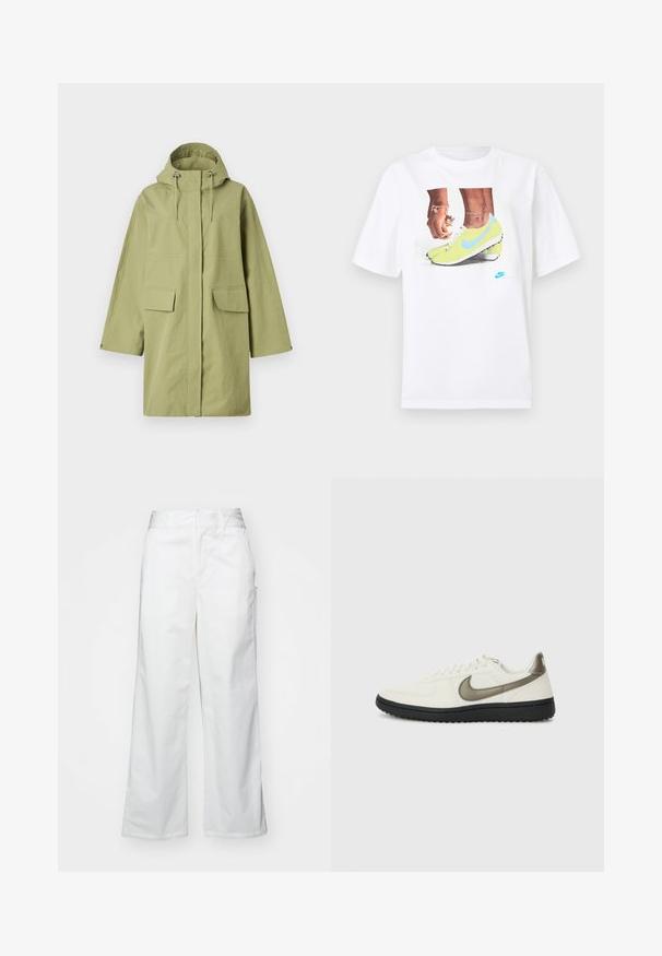 Svetlo zelena nepremočljiva jakna s kapuco, ima dva sprednja žepa, ravno krojeno in prilagodljive vrvice. Gladka tekstura.; Bela bombažna majica s potiskom nog v rumenih Nike kopačkah z modrimi dodatki, dopolnjena z zapestnico na levi roki.; Bele hlače širokega kroja iz bombaža, z gladko teksturo, pravim fitom, sprednjimi žepi in čistim robom.; Nike Sportswear FIELD GENERAL - Športni copati - off-white/black