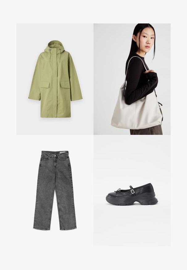 Light green waterproof coat with a hood, features two front pockets, a straight cut, and adjustable drawstrings. Smooth texture.; Set of two long-sleeve tops in white and black. Ribbed texture, round neck, fitted design with slightly flared sleeves.; High-waisted black washed straight-leg jeans with front pockets, belt loops, button closure, and a branded inner waistband label.; Black leather Mary Jane shoe with a rounded toe, bow detail, and an adjustable ankle strap. Features a chunky rubber sole with curved accents.; Beige handbag made of soft material, featuring a slouchy design, stitched detailing, and two shoulder straps. Suitable for everyday use.