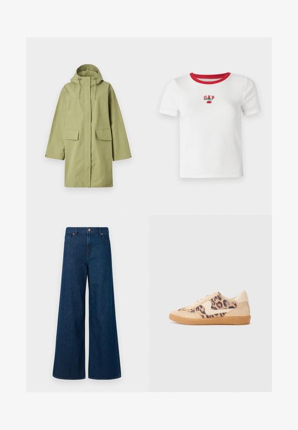 Abrigo impermeable verde claro con capucha, cuenta con dos bolsillos frontales, corte recto y cordones ajustables. Textura suave.; Camiseta de manga corta blanca con cuello de canalé rojo, que presenta el texto bordado "GAP" y un diseño de cereza en la parte frontal. Hecha de tejido acanalado.; Jeans de mezclilla de pierna ancha azul con cierre frontal de botón, trabillas para el cinturón y diseño de cinco bolsillos sobre un fondo blanco.; Zapatillas de leopardo con parte superior de ante beige, suela de goma marrón y acentos blancos. Punta redonda y diseño con cordones con un acabado texturado.