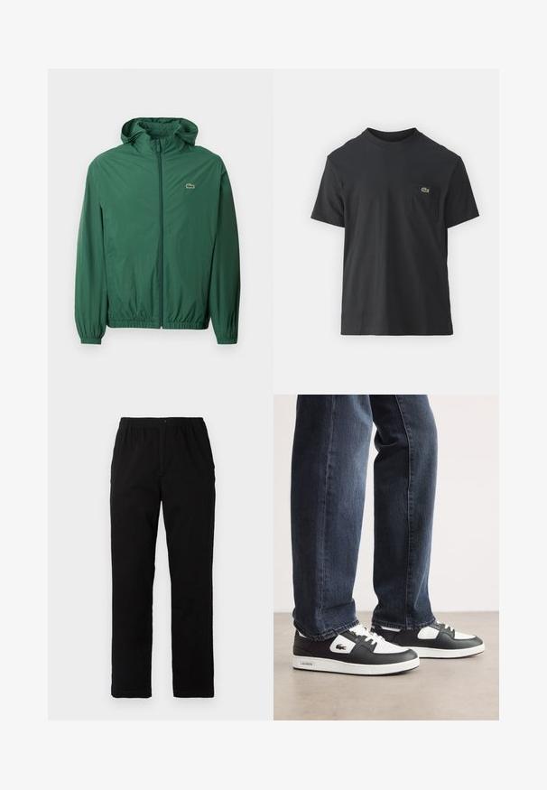 Casaco leve verde com capuz, fecho de zip, punhos elásticos e cintura elástica. Apresenta um pequeno logótipo no peito.; Camiseta de algodão preta com mangas curtas, decote redondo e um pequeno logo verde no bolso do peito esquerdo. Design simples, corte regular.; Calças pretas feitas de um tecido de algodão misto, com corte reto, cintura elástica com botão e sem padrões ou detalhes visíveis.; Sneakers Lacoste em preto e branco com parte superior em couro texturizado, apresentando um design com atacadores e uma sola de borracha branca. Usadas com jeans escuros.