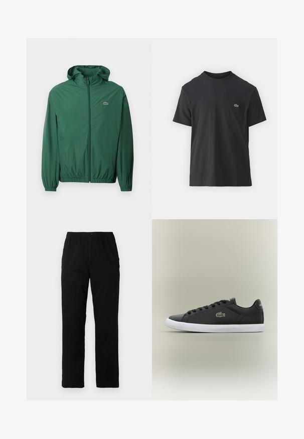 Zielona, lekka kurtka z kapturem, zapinana na zamek błyskawiczny, z elastycznymi mankietami i elastycznym paskiem w talii. Posiada małe logo na piersi.; Czarna bawełniana koszulka z krótkim rękawem, okrągłym dekoltem i małym zielonym logo na lewej kieszeni piersiowej. Prosty design, regularny krój.; Czarne spodnie wykonane z mieszanki bawełny, z prostym krojem, elastycznym paskiem w talii z guzikiem oraz bez widocznych wzorów czy akcentów.; Czarne skórzane sneakersy z białą gumową podeszwą, z zielonym logo krokodyla i okrągłymi sznurówkami, o smukłym designie i gładkiej fakturze.