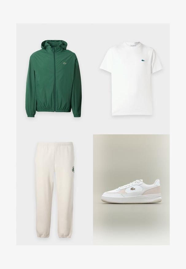 Green lightweight jacket with a hood, zip closure, elastic cuffs, and an elastic waistband. Features a small logo on the chest.; White cotton t-shirt featuring a crew neck, short sleeves, and a small green embroidered crocodile logo on the left chest.; Light beige sweatpants made of cotton, featuring an elastic waistband, ribbed cuffs, and a green logo with leaf design on the left leg.; White sneakers with smooth leather upper, suede accents, and rubber sole. Features embossed logo and lace-up design. Minimalist aesthetic.