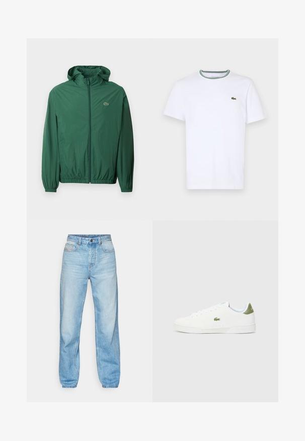 Zelena lahka jakna s kapuco, zadrgo, elastičnimi manšetami in elastičnim pasom. Ima majhen logotip na prsih.; Bela bombažna majica s kratkimi rokavi z ribastim ovratnikom, ki ima zelene in črne črte; majhen zeleni vezen logotip na levem prsnem delu.; Svetlo modri džins hlače iz denima, z naravnim krojem, petimi žepi in vidnim zapenjanjem z gumbi ter kontrastnim šivom.; Bele tene čevlje z gladko teksturo, ki imajo zeleno poudarjanje na peti in majhen vezen kroko logo ob strani.