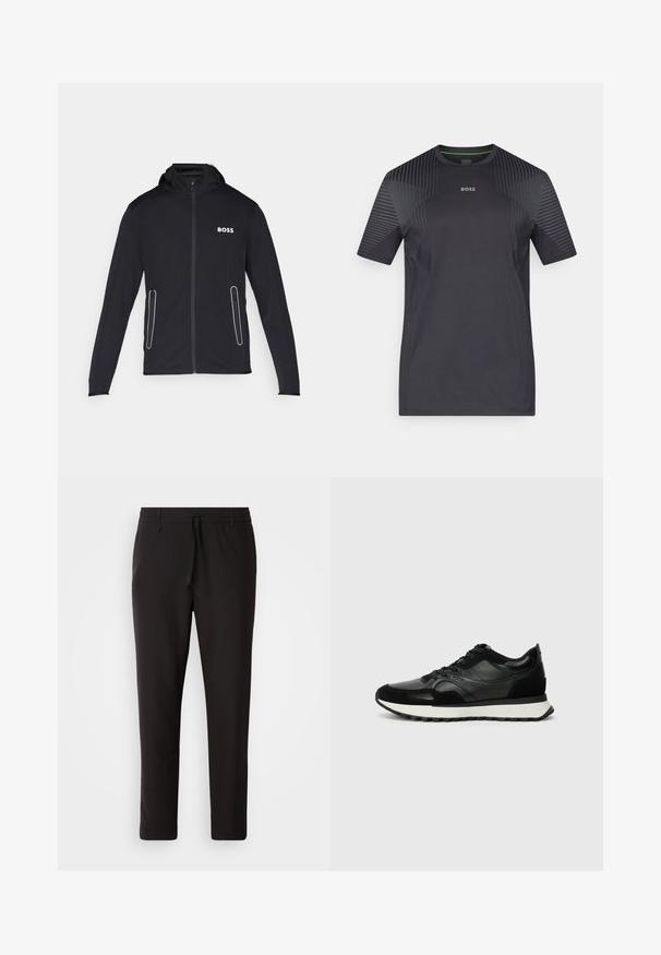 Crna kapuljača napravljena od mekog materijala, s patentnim zatvaračima na džepovima i bijelim "BOSS" logotipom na prsima. Glatka tekstura i prilagođen dizajn.; Tamno siva atletska majica od glatkog materijala, s okruglim izrezom i horizontalnim prugastim uzorkom preko ramena. Brendirani logo na prednjoj strani.; Crne jogger hlače od glatkog materijala. Imaju elastičnu waistband s vezicom, sužene nogavice i bez vidljivih džepova. Jednostavan dizajn.; Crne tenisice od teksturirane kože i antilopa, s bijelim srednjim dijelom i dizajnom vezanja. Istaknuti logo brenda sa strane.
