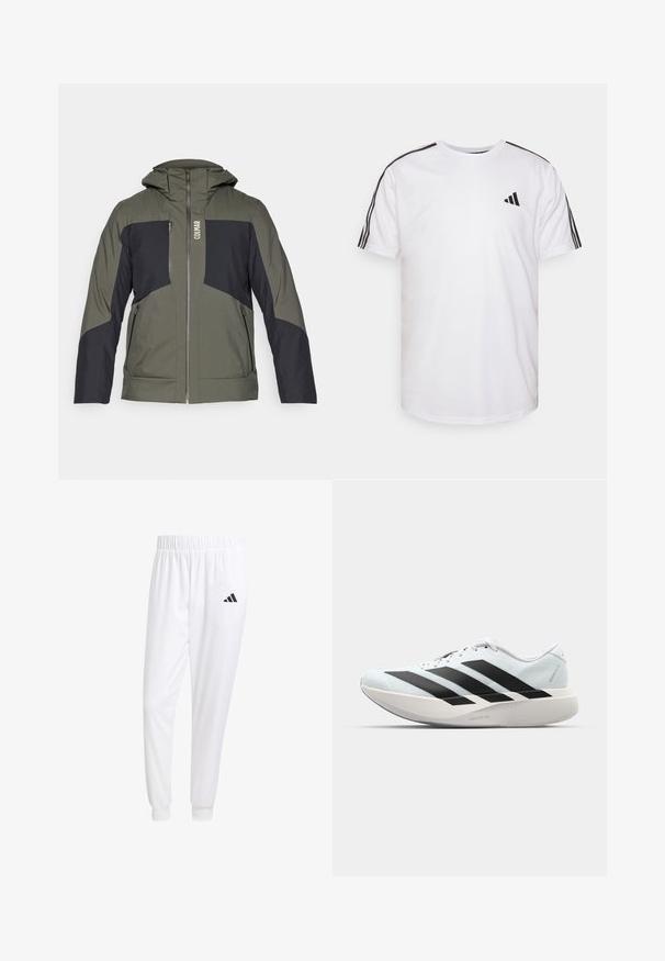 Colmar MENS JACKET - Skijacke - forest/black; Weißes T-Shirt aus Baumwolle mit Rundhalsausschnitt, kurzen Ärmeln und schwarzen Akzenten in Form von drei Streifen an den Schultern; hat ein kleines schwarzes Logo.; Weiße Sporthose aus glattem Stoff, mit einem elastischen Bund und enganliegenden Bündchen, mit einem schwarzen Logo auf der Gesäßtasche.; Leichte Laufschuhe in hellblau mit schwarzen Streifen. Sie verfügen über ein glattes Obermaterial, eine runde Zehenpartie und eine dicke weiße Zwischensohle, die mit "LIGHTSTRIKE PRO" beschriftet ist.