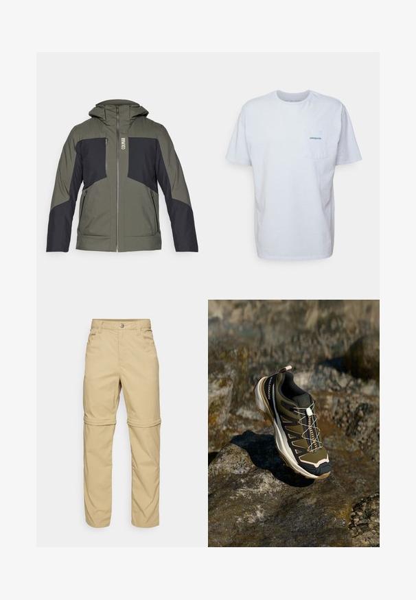 Colmar MENS JACKET - Skijaška jakna - forest/black; Bjela pamučna majica s kratkim rukavima, okruglim izrezom i lijevim džepom na prsima s plavim "Patagonia" logom. Klasični kroj s glatkom teksturom.; Bež hlače s patentnim zatvaračem i glatkom teksturom, s dva bočna džepa, dugmetom za zatvaranje i preklopnim manžetama za svestranost.; Planinarska obuća u maslinasto zelenoj i crnoj boji s ružičastim akcentima. Ima teksturirani gornji dio, fleksibilnu podlogu, ojačan vrh i šareni sustav vezanja.