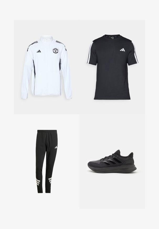 White athletic jacket with black accents, zip closure, and Manchester United logo. Features three black stripes on shoulders and elastic cuffs.; Black T-shirt made of cotton with short sleeves, featuring white stripes on the shoulders and a white logo on the left chest.; Black athletic pants with an elastic waistband, featuring reflective white accents in a striped pattern on the lower legs. Made from a smooth fabric.; Black athletic shoe with textured fabric upper, rubber sole, and three shiny black stripes on the side. Rounded toe and cushioned heel.