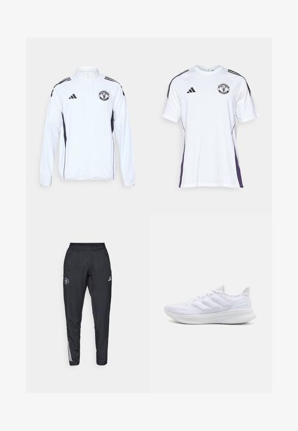 Biała sportowa kurtka z czarnymi akcentami, na zamek błyskawiczny i z logo Manchester United. Posiada trzy czarne paski na ramionach oraz elastyczne mankiety.; Biała sportowa koszulka z krótkim rękawem, z czarnymi i fioletowymi akcentami po bokach, z logo Manchester United oraz trzema czarnymi pasami na ramionach.; Czarne spodnie sportowe z elastycznym paskiem w talii, haftowanym logo na udzie oraz białymi pasekami biegnącymi wzdłuż boków.; Białe buty sportowe z teksturowaną siateczką na cholewce, wspierającą wyściółką i trzema paskami po boku.