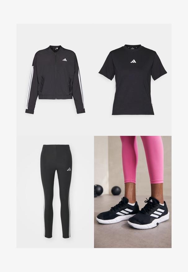 Svart kort jakke laget av lett stoff, med glidelås foran, hvite striper ned over armene, og en liten hvit logo på brystet.; Svart T-skjorte med korte ermer laget av mykt stoff. Har en hvit Adidas-logo og kontrasterende hvite striper langs sidene.; Sorte leggings laget av elastisk materiale med hvite sidestriper og en liten reflekterende logo øverst til venstre.; Svarte treningssko med hvite striper, teksturert mesh-overdel og hvit såle. Brukt med rosa leggings, som viser frem treningsklær.