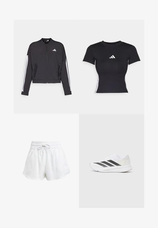 Juoda trumpa striukė, pagaminta iš lengvos medžiagos, su užtrauktuku priekyje, baltomis juostelėmis ant rankovių ir mažyte balta logo ant krūtinės.; Juodas prigludęs marškinėliai, pagaminti iš lygios medžiagos. Turi trumpas rankoves ir baltą adidas logotipą krūtinėje. Baltos juostelės šoninėse.; Baltos sportinės šortai su elastinga juostos juosta ir reguliuojama raišteliu. Pagaminti iš lengvo audinio, turi šonines kišenes ir laisvą siluetą.; Baltos sportinės bateliai su juodomis įstrižainėmis, tinklinė viršutinė dalis, apvalus pirštas ir tekstūruotas padas. Priedai apima sidabrinį kulną ir minimalistinį dizainą.