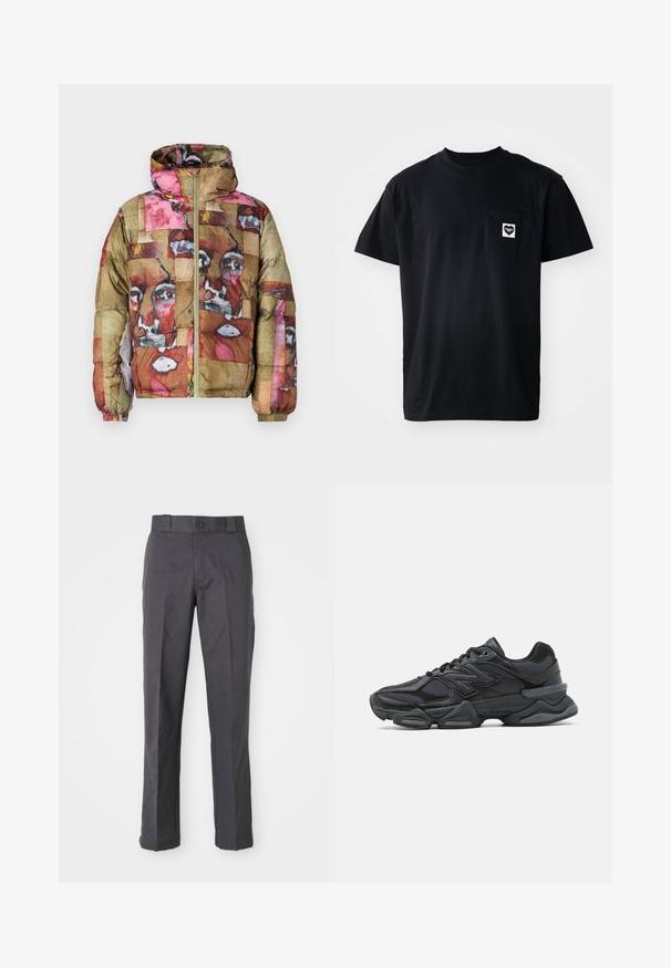 Puffjakke med et multikolorert abstrakt mønster i pink, brun og guld, med hætte og frontlynlås.; Sort bomulds t-shirt med rund halsudskæring, korte ærmer og en lomme på venstre bryst med et hjerteformet logo i hvid.; Mørkegrå bukser lavet af bomuldsblanding, der har et lige ben-design, frontlommer og en knaplukning i taljen.; Sorte løbesko med en blanding af mesh og syntetiske materialer, kraftig sål, buet design og fremtrædende branding på siden.