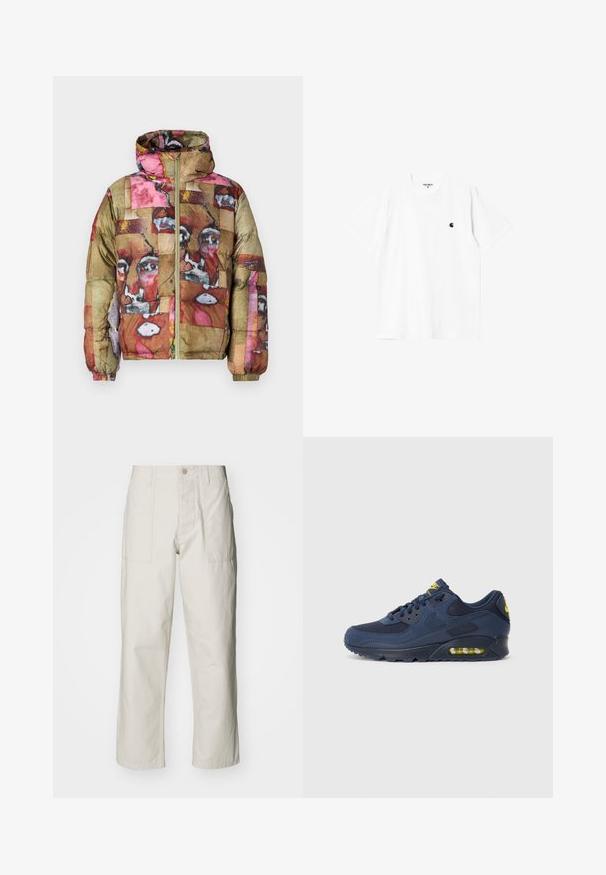 Pūkinė striukė su daugiaspalviu abstrakčiu raštu, kuriame vyrauja rožinė, ruda ir auksinė spalvos, turi gobtuvą ir priekinį užtrauktuką.; Balta medvilninė marškinėliai su trumpomis rankovėmis, apvaliu kaklu ir mažuoju juodu logotipu kairėje krūtinės pusėje. Minkšta tekstūra ir standartinė forma.; Šviesiai pilki plačius kelnes, pagamintas iš medvilnės. Yra priekinės kišenės ir mygtuko uždarymas. Lygus paviršius su subtiliomis vertikaliomis linijomis.; Tamsiai mėlyni Nike Air Max sportbačiai su zomšiniu ir tinkliniu paviršiumi, su geltonais akcentais, raištelių uždarymu ir matoma oro pagalve pada.