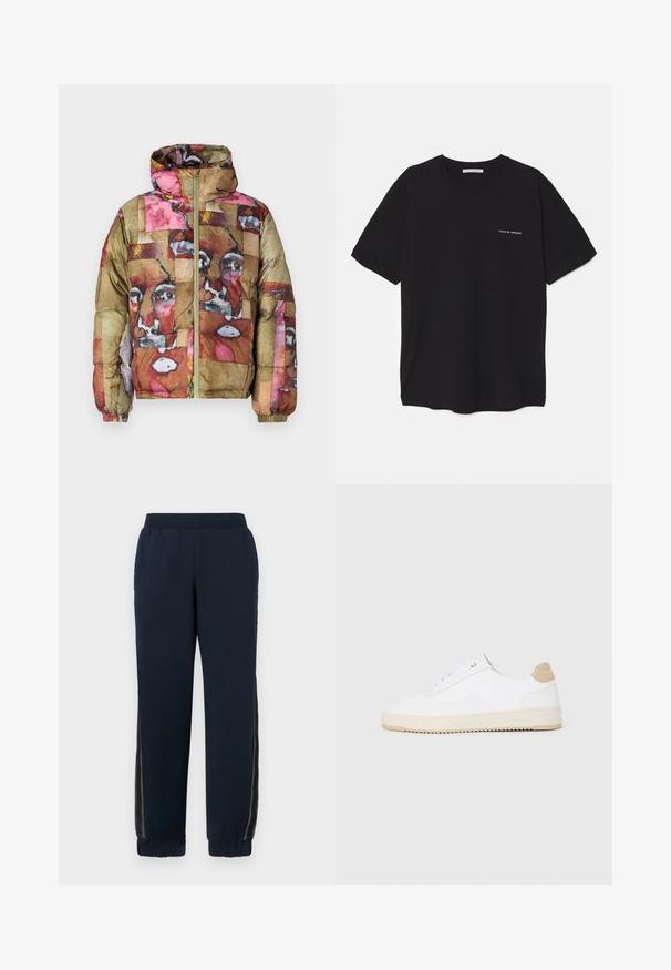 Puffjakke med et multikolorert abstrakt mønster i pink, brun og guld, med hætte og frontlynlås.; Sort bomulds T-shirt med rund hals, korte ærmer og en hvid logo print på venstre bryst. Simpelt, ensfarvet design.; Marineblå sweatpants med en blød tekstur, snævre manchetter og mesh-sider. Elastisk talje for komfort og casual pasform.; Hvide lavt-op sneakers med en tekstureret læderoverdel, cremefarvet ribbet sål og en tan hælaccent. Har hvide snørebånd og logo-detalje på hælen.