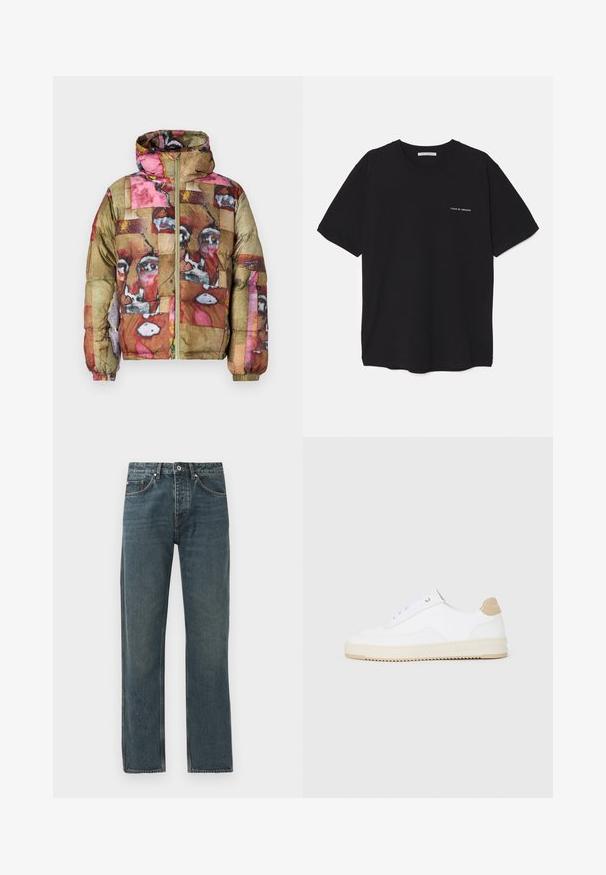 Pūkinė striukė su daugiaspalviu abstrakčiu raštu, kuriame vyrauja rožinė, ruda ir auksinė spalvos, turi gobtuvą ir priekinį užtrauktuką.; Juoda medvilninė marškinėlė su apykakle, trumpomis rankovėmis ir baltu logotipu kairėje krūtinės pusėje. Paprastas, vientisas spalvų dizainas.; Tamsiai mėlyni džinsai su tiesiomis kojomis, turintys penkis kišenes, mygtuko uždarymą ir kontrastingus siuvimo akcentus.; Baltos žemos sportbačiai su tekstūruota odine viršutinė dalimi, kreminė banguota priekiu ir ruda kulno akcentu. Yra baltos raištelės ir logotipas ant kulno.