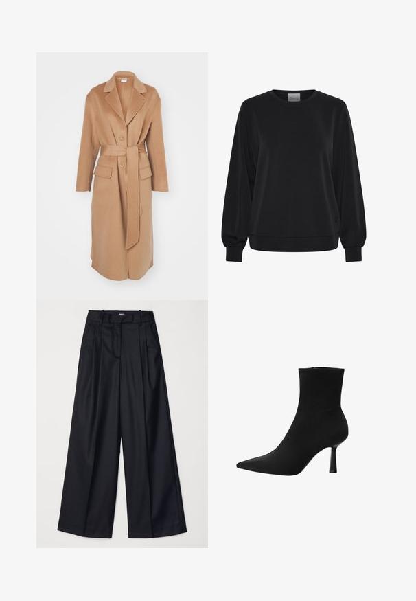 Manteau trench en laine couleur camel avec un col cranté, deux poches avant, une ceinture à nouer et une fermeture à boutons. Texture lisse et coupe ajustée.; Sweatshirt noir à manches longues, col rond et poignets côtelés. Présente une texture lisse et un détail de logo subtil à l'avant.; Pantalons noirs à jambes larges en tissu lisse, dotés d'une taille haute, de plis et d'une coupe ajustée. Quincaillerie noire simple à la taille.; Bottines noires en tissu lisse, avec un bout pointu et un talon stiletto fin, au design sans couture et sans matériel visible.