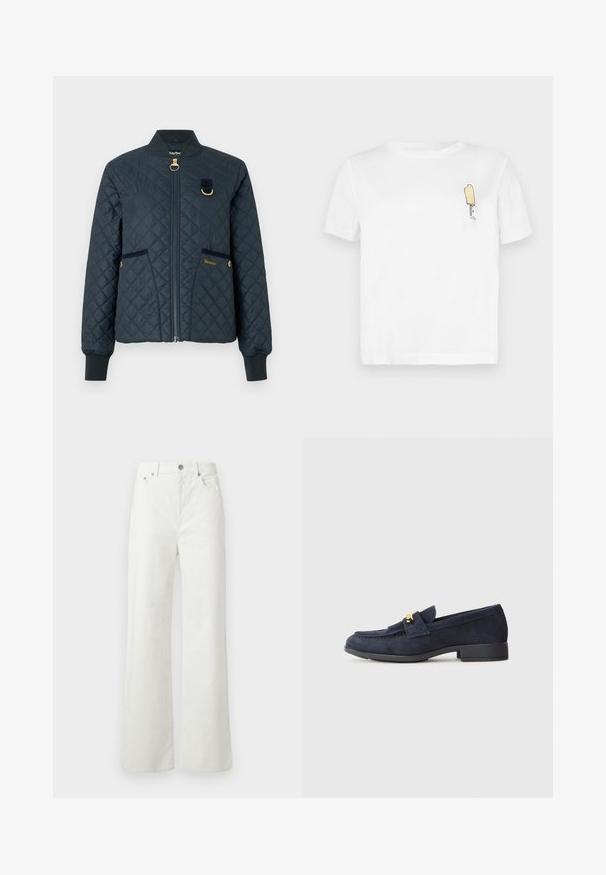 Navy quilted bomber jacket featuring a zip front, ribbed cuffs, two side pockets, gold hardware, and a Barbour logo on the left pocket.; White cotton t-shirt with short sleeves featuring a minimalist, embroidered yellow popsicle graphic on the left chest area.; Samsøe Samsøe SHELLY - Relaxed fit jeans - clear cream; Navy suede loafers with a low black heel, featuring a decorative gold hardware detail on the front and a rounded toe design.