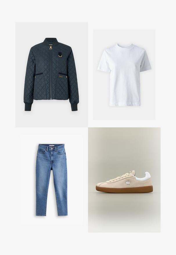 Navy quilted bomber jacket featuring a zip front, ribbed cuffs, two side pockets, gold hardware, and a Barbour logo on the left pocket.; White cotton t-shirt with a crew neckline, short sleeves, a straight cut, and smooth texture. No patterns or embellishments.; Blue high-waisted women's jeans with front button and zipper closure, belt loops, and five-pocket design, flat on white background.; Beige suede sneaker with white accents and rubber sole. Features a raised logo on the side and contrasting beige laces. Classic design.