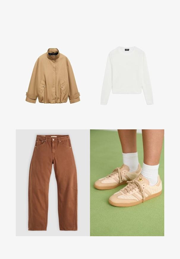 Bruine oversized jas met een hoge kraag, drukknoopsluitingen en twee voorzakken. Heeft verstelbare mouwen en een geraffineerde tailleband.; Witte lange mouwtrui, cropped ontwerp, zachte textuur, ronde hals, ribgebreide manchetten en zoom, minimalistische stijl zonder zichtbare patronen of hardware.; Roestbruin rechte jeans met voor- en achterzakken, metalen klinknagels, knoopsluiting en riemlussen, plat neergelegd op een witte achtergrond.; Voeten in beige geweven Adidas sneakers met gumzolen en witte enkelsokken op een groene gestructureerde vloer.