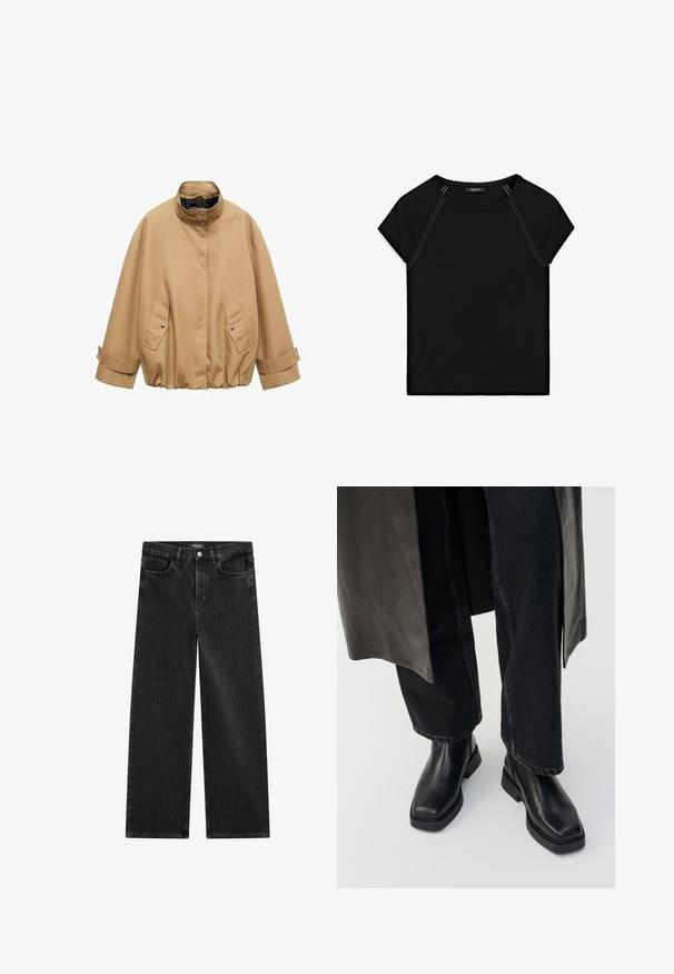 Veste surdimensionnée marron avec un col haut, des fermetures à pression et deux poches avant. Comprend des poignets réglables et une taille froncée.; T-shirt noir à manches courtes avec un col rond et des coutures blanches contrastantes le long des épaules et des côtés. Tissu doux et lisse.; Jean en denim noir à jambes larges avec un motif de rayures verticales subtiles, dotés d'un design à cinq poches et d'une fermeture à bouton classique à la taille.; Des bottes chelsea en cuir noir présentent un bout carré et une semelle épaisse, associées à un jean en denim foncé retroussé au niveau des chevilles. Texture lisse et design élégant.