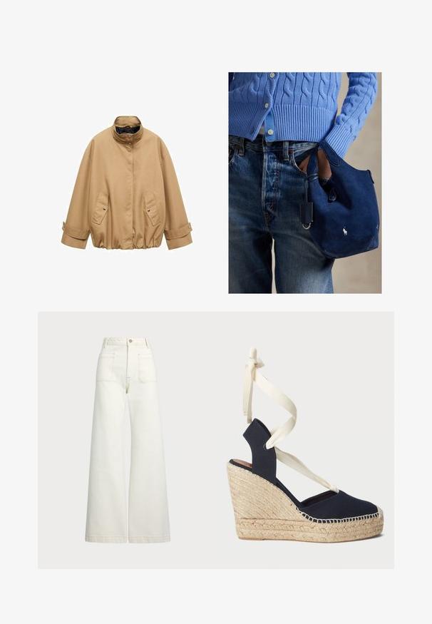 Brown oversized jacket with a high collar, snap closures, and two front pockets. Features adjustable cuffs and a gathered waistband.; Navy blue cotton t-shirt with short sleeves and a crew neckline. Features a small red embroidered logo on the left chest.; Wide-leg jeans in off-white denim. High-waisted design with a button closure, two front pockets, and contrast stitching details.; Navy canvas wedge sandal with an espadrille rope outsole and cream ribbon ties at the ankle. Closed heel and round toe design.; Navy suede handbag with soft texture, dual handles, and a small attached tag. Features a white logo on the front and a rounded bottom.