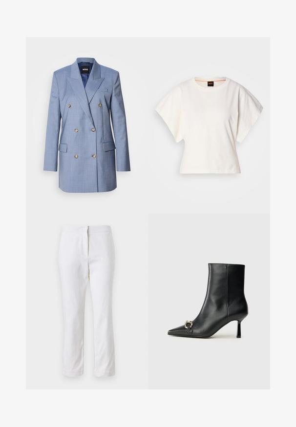 Kaksiriviline bleiser helesinisest kangast. Omab suuri nuppe, teravaid krae ja küljetaskuid. Kohandatud sobivus sujuva tekstuuriga.; Valge lühikeste laiadte varrukatega lühike T-särk, pehme puuvillane materjal, ümar kaelus kergelt oranži ääristusega, minimaalne disain, ilma mustrite ja graafikateta.; Valged puuvillased püksid sirge lõikega, keskmise kõrgusega vöökoht ja ilma nähtavate detailide või mustriteta. Ühtlane sile tekstuur.; Must mustanvärvi nahast pahklinetopp, millel on terav nina, peen keskmise kõrgusega konts ja hõbedane keha detail külgedel, taustal lihtne taust.