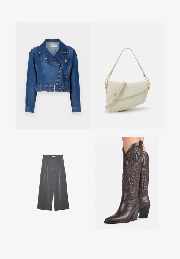 Lyhyempi farkkutakki keskisinisessä sävyssä, jossa on vyötärövyö, epäsymmetrinen vetoketju ja lovettu kaulus hopeisilla yksityiskohdilla.; Valkoinen hihaton toppi, joka on valmistettu ribbikankaasta, ja jossa on pyöreä pääntie ja tiukka siluetti, minimaalisin saumoin ja ilman koristeita.; Pleated leveleijoushousut tummanharmaasta kankaasta, jossa on hieno rakenne. Ominaisuuksina napin suljenta ja klassinen vyötärönauhan muotoilu.; Ruske nahkasaappaat, joissa on terävä kärki ja laatikkokorko, varustettu yksityiskohtaisella ompelulla ja kohotetuilla yksityiskohdilla varsiosassa.; Pieni kerma beige käsilaukku, jossa on teksturoitu pinta, pitkä säädettävä olkahihna, ketjua korostava yksityiskohta ja läppälukko. Kultaista metalliosaa.