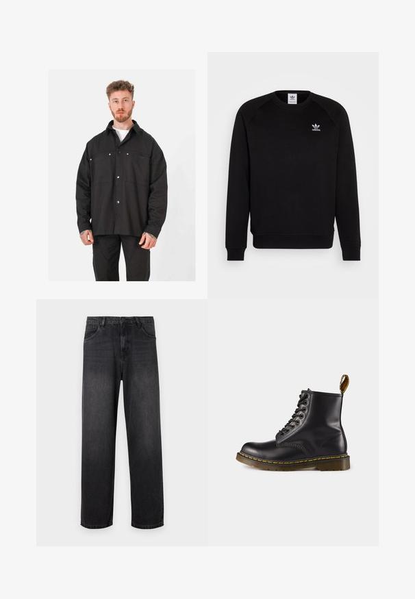 Zwarte shirtjacket gemaakt van textuurstof, met een knoopsluiting aan de voorkant, twee borstzakken en drukknopen. Ontspannen pasvorm, lange mouwen.; Zwarte sweatshirt met raglanmouwen, ronde hals en geribbelde manchetten. Bevat een klein wit Adidas-logo op de borst. Zachte stoftextuur.; Donkergrijze denim jeans met een rechte pijpdesign, voorzien van een ritssluiting, vijf zakken en subtiele vervagingdetails op de stof.; Zwarte leren enkellaars met gele stiksels, vetersluiting aan de voorkant, ronde neus en een gestructureerde rubberen zool. Voorzien van een trekband aan de achterkant.