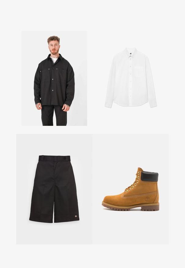 Svart skjortjacka i texturerad tyg, med knäppning framtill, två bröstfickor och tryckknappar. Avslappnad passform, långa ärmar.; Vit långärmad skjorta med knappar och krage, framficka och subtil textur. Frampartiet har knappar och en liten logodetalj.; Svarta bomullsshorts med rak skärning, knälånga, med en synlig logotyp vid fållen och en slät yta.; Tan mockasins ankelstövlar med svart vadderad krage, guldmetallöglor, vit sömdekor och slitstöt gummisula med utmärkta mönster.