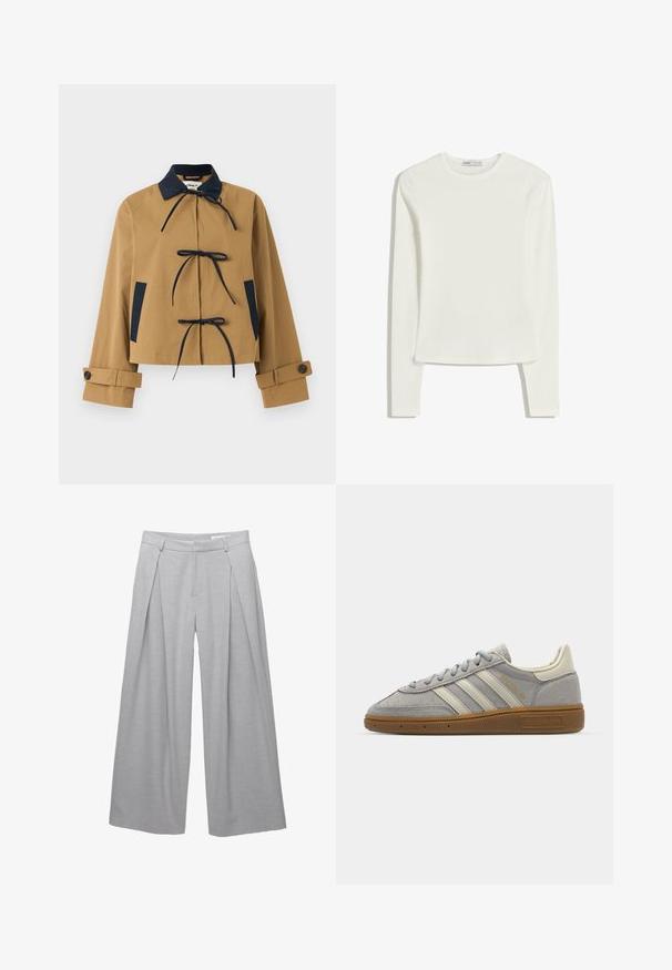 Brun kort jacka med marinblå krage och detaljer, med tre framslutningar och knäppning vid ärmsluten. Slät tyg med en strukturerad design.; Vit långärmad topp gjord av mjukt, slätt tyg. Har rund halsringning och smal passform med minimala sömnadsdetaljer.; Ljust gråvida byxor i vid modell, tillverkade av textil med struktur, med framveck, bälteshällor och en skräddarsydd midja. Inga synliga stängningar.; Grå mockasneakers med ljusgrå läderlinjer och en gummigummi-sula. Funktioner inkluderar snörning och diskret logotyp på tungan.