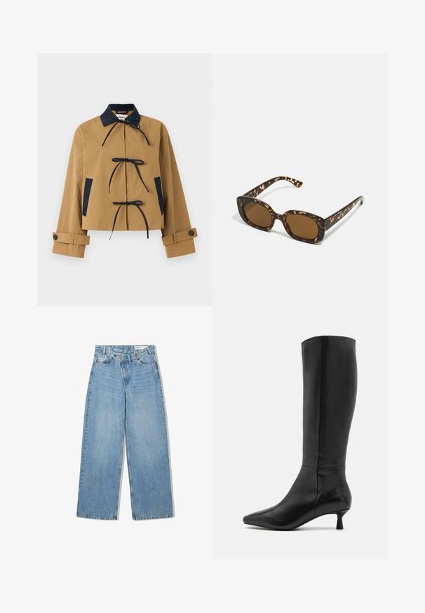 Tan cropped jacket with a navy collar and accents, featuring three front ties and buttoned cuffs. Smooth fabric with a structured design.; Black long-sleeve fitted crew neck shirt with slight texture and a small white brand label at the neckline inside the collar.; Light blue wide-leg jeans made of denim, featuring a high waist, five pockets, button closure, and subtle fading for texture.; Zign Boots - black; Tortoiseshell sunglasses with a rounded, chunky frame and brown lenses. Features subtle patterns and straight, tapered arms.; Brown leather handbag with two sturdy handles, rectangular shape, smooth texture, and zip closure. Minimalist design with no visible patterns.