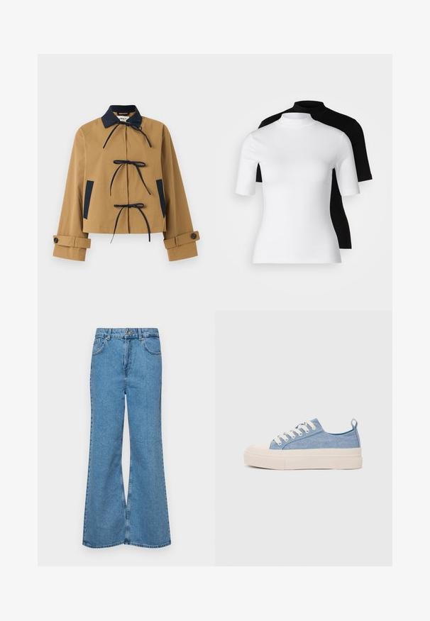 Tan cropped jacket with a navy collar and accents, featuring three front ties and buttoned cuffs. Smooth fabric with a structured design.; Set of two fitted turtleneck tops in white and black. Short sleeves, smooth cotton fabric, and close-fitting design. No patterns or graphics.; Light blue flared jeans made of denim, featuring a high waist, five pockets, and a single button closure. Soft texture with faded finish.; Light blue canvas sneakers with a cream rubber toe cap and outsole, featuring white laces and a pull tab on the heel.