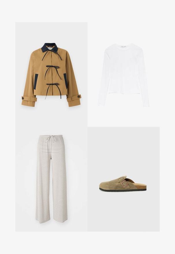 Brun kort jacka med marinblå krage och detaljer, med tre framslutningar och knäppning vid ärmsluten. Slät tyg med en strukturerad design.; Vit långärmad topp med rund halsringning. Har en figursydd design, slät tygtextur och en något beskuren nederkant.; Breda byxor i lätt tyg med horisontella ränder i beige och vitt. Elastisk midja med dragsko.; Mockasinstiltoffel i olivgrönt med en smal rem och detalj med metallspänne. Har en fotbädd av kork och svart gummisula.