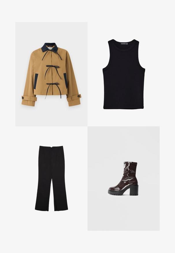 Giacca corta color sabbia con colletto e dettagli blu navy, caratterizzata da tre legami frontali e polsini abbottonati. Tessuto liscio con un design strutturato.; Canotta nera in cotone, caratterizzata da un colletto rotondo e ampi giromanica. Texture liscia con orli cuciti. Design classico e minimalista.; Pantaloni neri a gamba dritta, con tasche frontali e spacchi laterali all'orlo. Realizzati in tessuto morbido e liscio. Adatti a diverse occasioni.; Stivale alla caviglia bordeaux lucido con un tacco spesso nero, caratterizzato da una superficie liscia e un design semplice. Nessuna chiusura visibile o motivo.