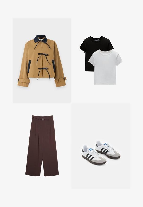 Kratší kabát v béžové barvě s námořnickým límcem a akcenty, obsahuje tři přední vázání a manžety na knoflíky. Hladká tkanina se strukturovaným designem.; Dvě trička s kulatým výstřihem v černé a bílé barvě, vyrobená z bavlny. Mají krátké rukávy a jednobarevný design bez vzorů nebo akcentů.; Stradivarius WIDE-LEG WITH BUCKLE DETAIL - Kalhoty - dark brown; Sportovní boty s bílým koženým svrškem, šedou semišovou špičkou a třemi černými pruhy. Obsahují modré logo na jazyku a texturovanou gumovou podrážku.