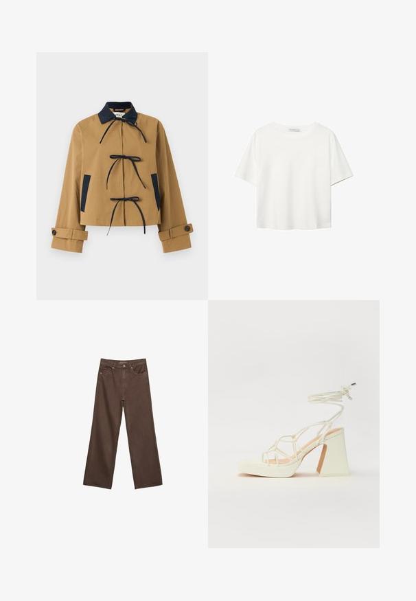 Sužene jakna boje pijeska s tamnoplavim ovratnikom i detaljima, s tri prednja vezivanja i gumbima na manžetama. Glatka tkanina sa struktuiranim dizajnom.; Bijela majica kratkih rukava od pamuka. Ima okrugli izrez i opušteni kroj. Glatka tekstura bez vidljivih uzoraka ili naglasaka.; Proširene smeđe traperice od denima, s visokim strukom, prednjim džepovima i klasičnom kopčom na dugme. Glatka tekstura s suptilnim šavovima.; Bijela sandala na visokoj potpetici s debelim petom, s remenom i vezanjem oko gležnja. Glatka tekstura s platformom sprijeda za dodatnu visinu.