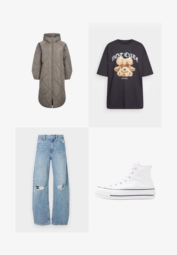 Garšs, pelēks puffer mētelis ar rāvējslēdzēja aizdari, dimanta šūnu raksts un kapuce. Iezīmējas ar gludu tekstūru un sānu šuvju kabatām.; Melna, pārmērīga t-kreklu, kurā attēlots lācis ar uzrakstu "NAV MIERĪGS, BET VILKIS" treknos baltos burtiem. Izgatavots no kokvilnas materiāla.; Gaiši zili, augstās vidukļa džinsi, kas izgatavoti no denima. Iespējas plašas kājas, divas plēstas ceļa daļas un klasiskā piecu kabatu dizains.; Balti augstie kanvas sporta apavi ar melnu gumijas zoli, priekšējo gumijas purngalu un sešām acīm lencēm, kuriem ir tīrs, minimālistisks dizains.