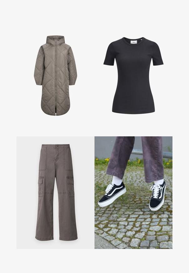Casaco longo e acolchoado cinza, com fecho em zíper, padrão em losangos quiltados e capuz. Apresenta uma textura suave e bolsos nas costuras laterais.; T-shirt preto de manga curta, com decote redondo. Feito de um tecido suave e elástico, apresenta uma textura subtil e uma silhueta ajustada.; Calças de carga cinzentas, feitas de algodão, com um design de perna larga, apresentando dois bolsos frontais, dois bolsos laterais e detalhes de costura visíveis.; Sapatilhas de camurça pretas com detalhes brancos, apresentando um bico arredondado, sola branca grossa e um design clássico de atacadores, usadas com meias brancas e calças roxas.