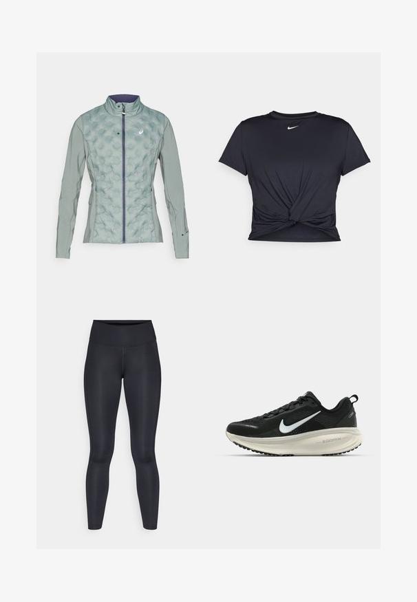 Lichtgroene jas met een gewatteerde textuur aan de voorkant en gladde stof op de mouwen, met een hoge kraag en rits sluiting.; Zwarte sportieve T-shirt van gladde stof, met een geknoopt ontwerp aan de voorkant en een klein wit Nike-logo op de borst.; Zwarte leggings van glad, rekbaar stof. Hoge taille zonder zichtbare patronen of accenten. Sluiten nauw aan van taille tot enkels.; Zwarte Nike hardloopschoen met ademend mesh bovenwerk, witte swoosh-logo, gestructureerde details en een crèmekleurige ZoomX middenzool.