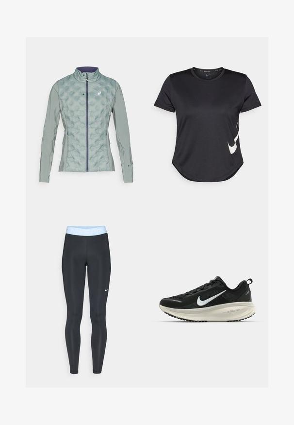 Lys grønn jakke med kviltet tekstur på fronten og glatt stoff på ermene, med høy krage og glidelås-lukking.; Svart treningst-skjorte med korte ermer, med en hvit Nike swoosh-logo på den nedre siden og en avrundet kant.; Sorte treningstights med en lyseblå midje som har "NIKE PRO"-tekst; glatt tekstur og tettsittende design. Hvit Nike-logo på venstre side.; Svart Nike løpesko med pustende mesh-overdel, hvit swoosh-logo, teksturert detaljer og en kremfarget ZoomX mellomsåle.