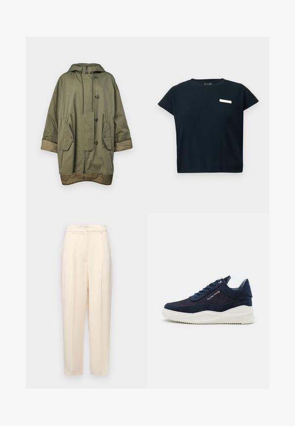 Weekend Max Mara FUMETTO - Parka - verde kaki; Haut noir à manches courtes côtelé avec un col rond, présentant une petite étiquette blanche sur la poitrine, fabriqué en tissu doux semblable au coton.; Pantalons beiges ajustés à coupe droite, avec des plis à l'avant, une texture lisse et une taille mi-haute. Pas de poches visibles.; Baskets en suède bleu marine foncé avec semelles en caoutchouc blanches, bout arrondi et design à lacets. Présente un détail de logo sur le côté et des accents texturés.