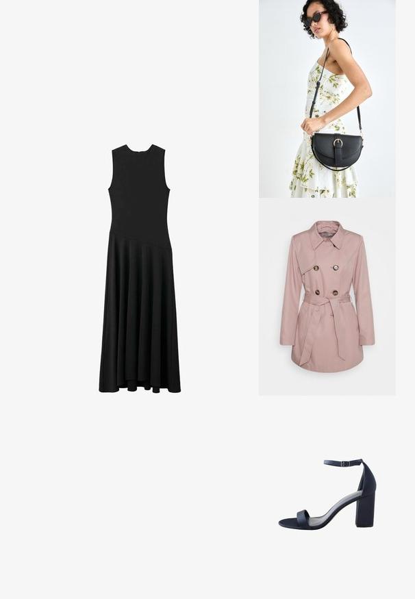 Roza trench plašč s klasičnim ovratnikom, dvema gumboma in pasom. Ima gladko tkanino s sprednjimi žepek in prilagojen kroj.; Črna brezrokavna maksi obleka s telesno oblikovanim korzetom in razširjeno krilo, ki ima gladko teksturo in minimalističen dizajn, brez vidnih zapiranj.; Temno modre visoke sandale z gladko teksturo, širokim trakom prek prstov, trakom okoli gležnja in blok peto za stabilnost.; Črna usnjena torbica s ukrivljeno obliko, z odstranljivo naramnico in zlatimi dodatki. Torbica ima pokrov s podrobnostmi v obliki zaponke.
