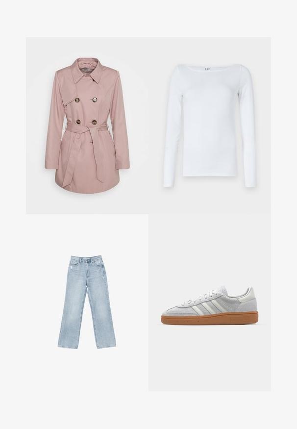 Ružový trenčkot s klasickým golierom, dvojitými gombíkmi a opaskom v páse. Má hladkú látku s prednými vreckami a prispôsobený strih.; Biela košeľa s dlhým rukávom z bavlneného zmesi, s okrúhlym výstrihom a priliehavým strihom. Bez viditeľných vzorov alebo akcentov.; Svetlomodré denimové džínsy s širokým strihom, poškodenými detailmi, päť vreckami a zipsovým zapínaním.; Svetlo šedé semišové tenisky s bielymi koženými akcentmi, tromi bielymi pruhmi a hnedou gumovou podrážkou, s polstrovaným golierom pre pohodlie.