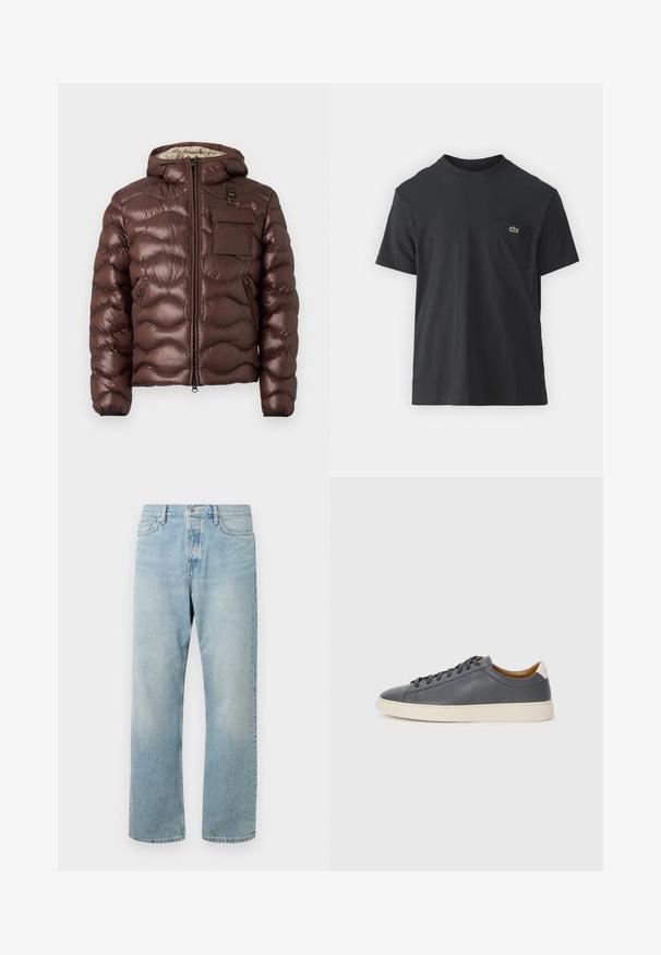 Brūna pūkaina jaka ar kapuci, ar kvadrātveida dizainu un priekšējo rāvējslēdzēju. Iekļauj krūšu kabatu un sānu kabatas ar rāvējslēdzējiem, kā arī elastīgām aprocēm.; Melnas kokvilnas T-krekls ar īsām piedurknēm, apaļu kakla izgriezumu un mazu zaļu logotipu kreisajā krūšu kabatē. Vienkāršs dizains, regulāra piegriezuma.; Gai zili džinsi ar brīvu piegriezumu, taisnām kājām un klasisku piecu kabatu dizainu. Iespējojama rāvējslēdzēja un pogas aizdare.; Pelēki ādas sporta apavi ar apaļu purngalu, gumijas zoli, plakanu auklu un gaišiem akcentiem uz papēža. Gluda tekstūra un minimālistisks dizains.