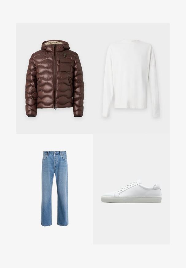 Brązowa kurtka puchowa z kapturem, pikowana, z zapięciem na zamek z przodu. Posiada kieszeń na piersi oraz boczne kieszenie na zamek, z elastycznymi mankietami.; Biała, bawełniana koszula z długim rękawem, okrągłym dekoltem, bocznymi rozcięciami na dole oraz gładką fakturą, wyeksponowana z tyłu.; Jasnoniebieskie dżinsy o prostym kroju, pięć kieszeni, zapięcie na guzik, minimalne blaknięcia i kontrastowe wykończenia szwów.; Białe sneakersy z gładką skórzaną cholewką i niskim profilem. Posiadają okrągły nos, sześć dziurek na sznurówki oraz teksturowaną gumową podeszwę.