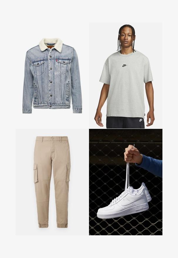 Hellblaues Denim-Jackett mit einem Schafswollkragen, vorderem Knopfverschluss, zwei Brusttaschen und sichtbaren Nähdetails.; Junge Person mit geflochtenem Haar, die ein hellgraues Nike-T-Shirt und schwarze Nike-Shorts trägt, vor einem einfarbigen weißen Hintergrund.; Beige Cargo-Hosen aus leichtem Baumwollmaterial. Mit elastischen Bündchen, mehreren Seitentaschen und einem Knopfverschluss.; Weiße Leder-Sneaker mit Perforationen, runder Zehenpartie, flacher Sohle und dicken Schnürsenkeln, mit sichtbar eingesticktem Swoosh-Logo und "AIR" an der Ferse.