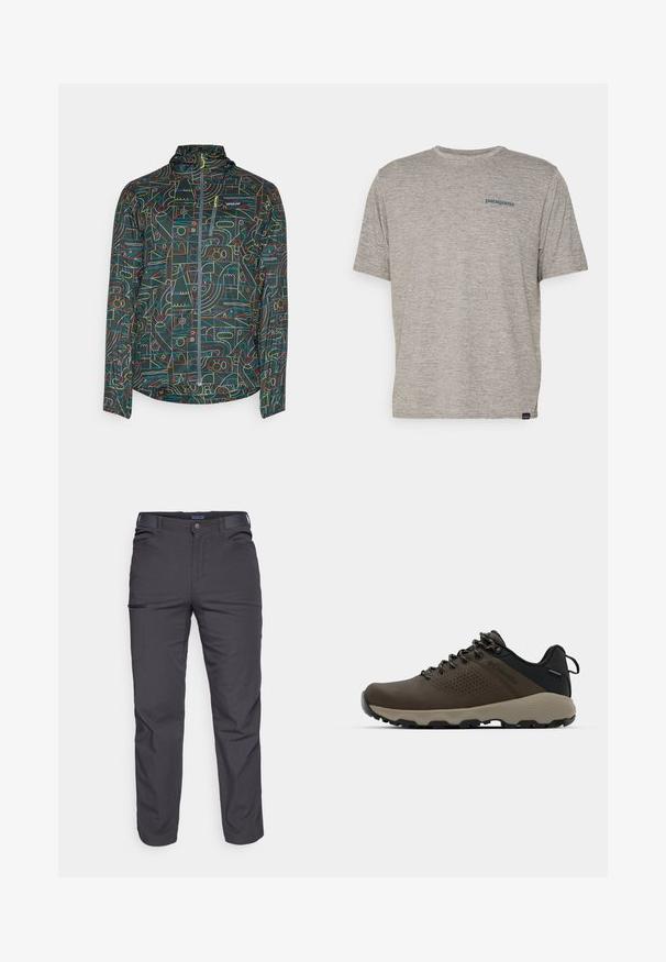 Patagonia HOUDINI - Windbreaker - nouveau green; Graues T-Shirt mit kurzen Ärmeln, aus weichem, strukturiertem Stoff, mit einem kleinen blauen Patagonia-Logo auf der linken Brust. Keine zusätzlichen Muster.; Dunkelgraue Hose aus strapazierfähigem Material, mit einer Reißverschlusstasche, geradem Schnitt und Gürtelschlaufen für eine verstellbare Passform.; Braune wasserdichte Sneakers mit einer strukturierten Oberseite, perforierten Akzenten, schwarzem Fersenschutz und einer grauen Gummisohle. Die Schnürsenkel sind mit metallischen Enden gestaltet.